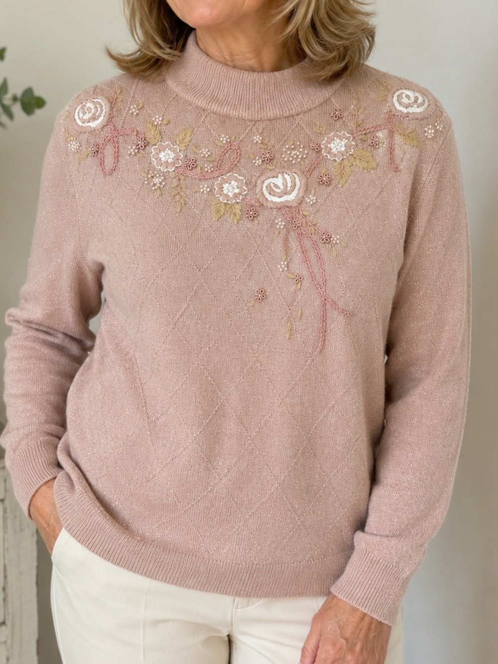 Vintage Alfred Dunner Blush Pink Floral Embroidered Beaded Sweater Women’s L LG